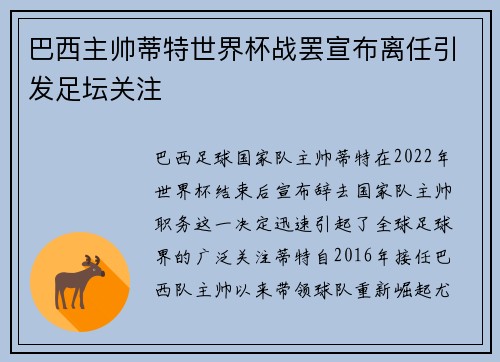巴西主帅蒂特世界杯战罢宣布离任引发足坛关注